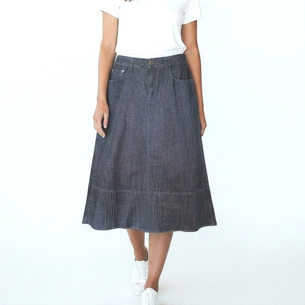 Kiku Jeans Womens Dark Wash Denim A-Line Midi Skirt Pintuck Hem Size 12